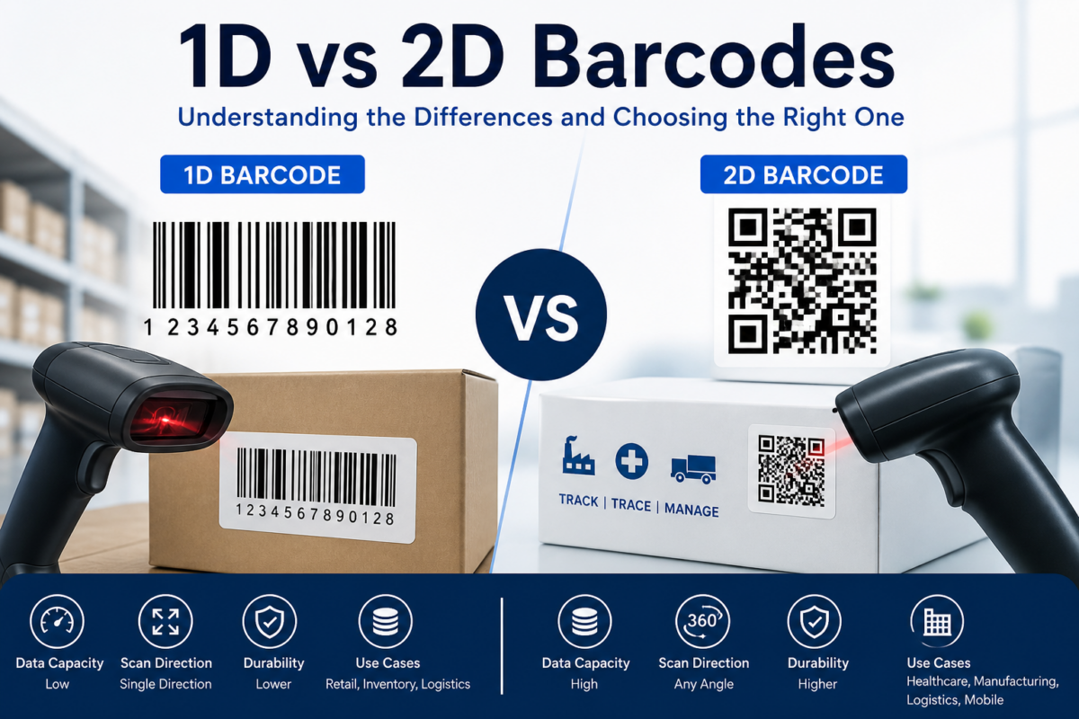 1D vs 2D barcodes comparison showing differences in barcode types and scanning technology